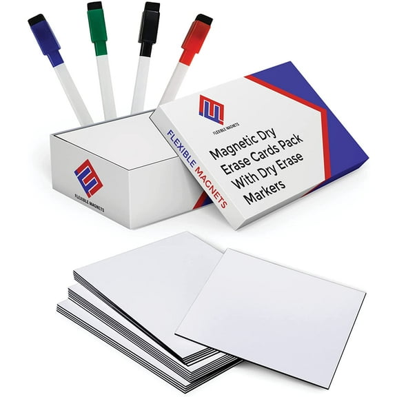 Dry Erase Magnetic Blank Cards - Plus Bonus! 4 Colored Dry Erase Markers - Dry Erase Index Cards - 2 x 4 Reusable Flash Cards - Mini Magnetic Cards for Fridge (32)