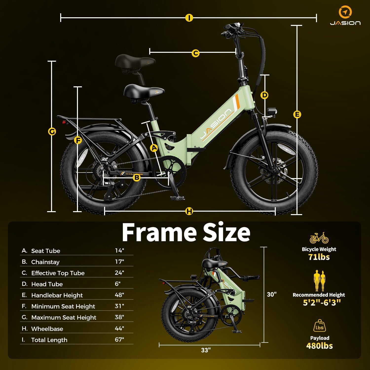 Jasion X-Hunter ST Electric Bike, 750W Foldable Ebike with 48V 13AH Removable Battery, 20'' Fat Tire Electric Bicycles for Adults, Full Suspension, UL 2849