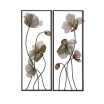 DecMode Black Metal Floral Wall Decor with Green and Orange Accents (2 Count)