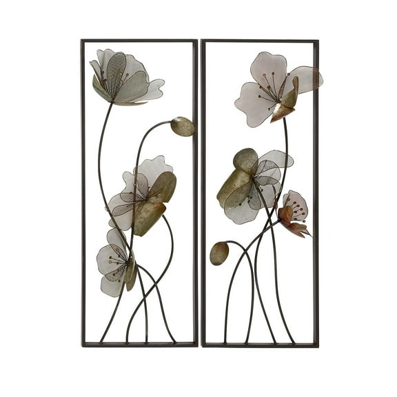 DecMode Black Metal Floral Wall Decor with Green and Orange Accents (2 Count)