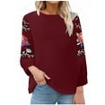 thumbnail image 2 of Dazajoo Long Sleeve Cotton Linen Shirts for Women Floral Embroidered Crew Neck Peasant Blouse Ethnic Style Boho T-Shirts,Wine,XXL, 2 of 6