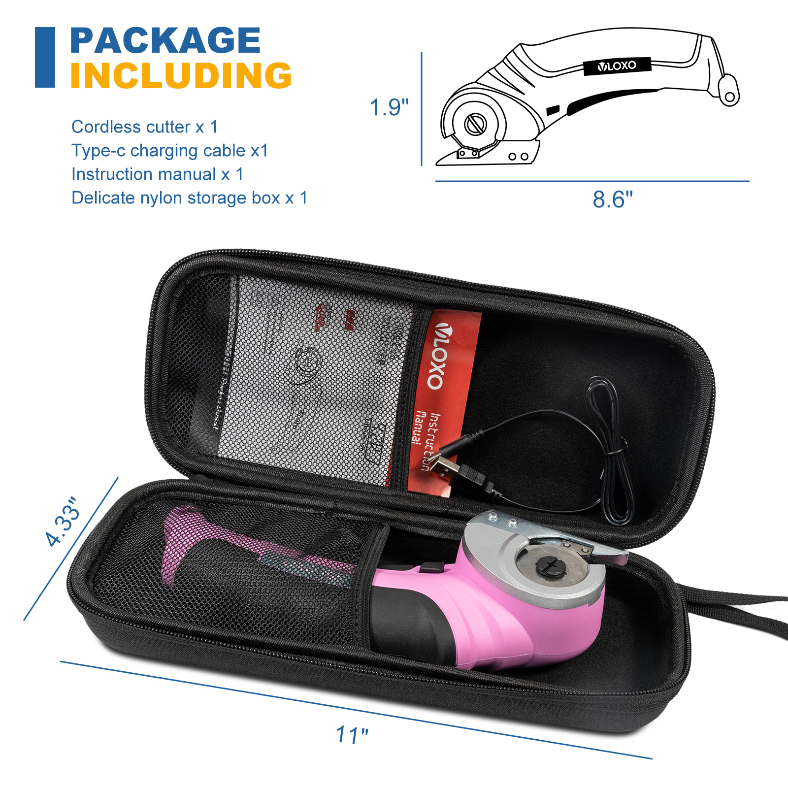 VLOXO Cordless Electric Scissors, Cardboard Cutter with Safety Lock 4.2V Electric Mini Cutter Power Rotary Scissors for Leather Felt Rug Box with Storage Box Pink