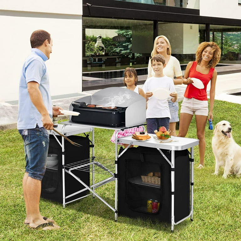Folding Camping Kitchen Table with Storage, Aluminum Portable Outdoor  Cooking Table with Windscreen, Foldable Camp Table Cook Station for BBQ,  Grill, Party, Picnics 