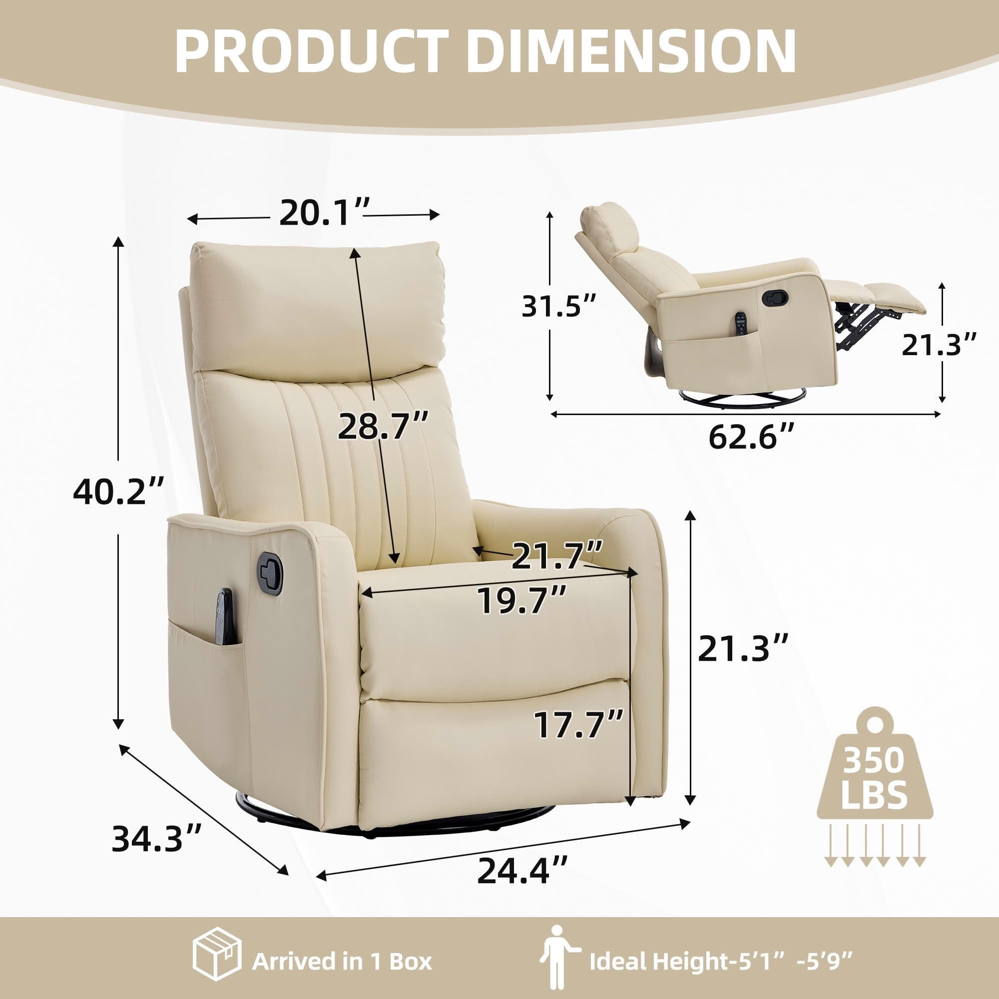 MAYEERTY Grey Heat Massage Recliner Chair, 360° Swivel Rocker 27"x36"x40" for Living Room