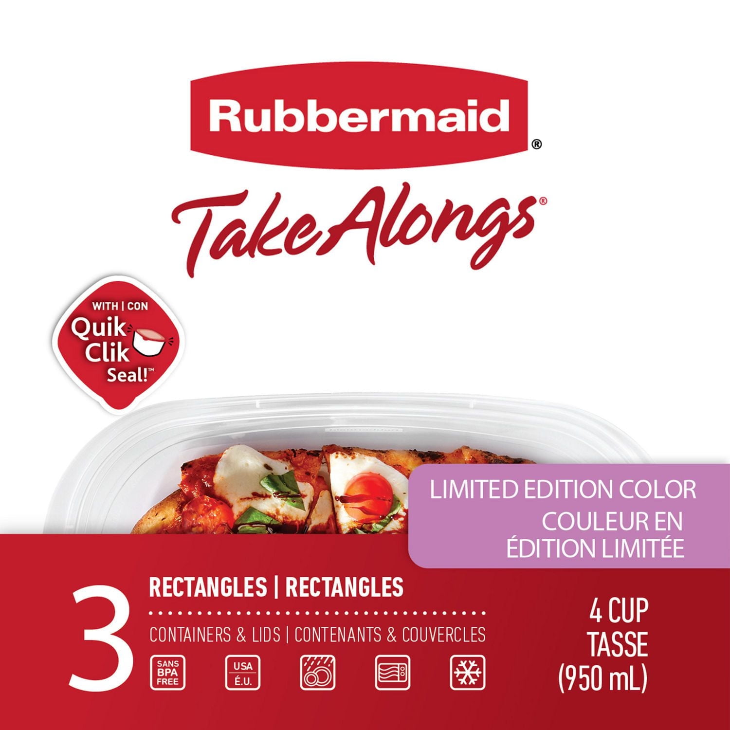 Rubbermaid TakeAlongs 950 ml (4 tasses) récipients de rangement rectangulaires pour les aliments, série spéciale violet orchidée, ensemble de 3