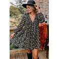 thumbnail image 3 of Elegant Black Floral Deep V Neck Smocked Bust Bubble Sleeve Babydoll Dress | [ZhiHiMeRi] | L, 3 of 5