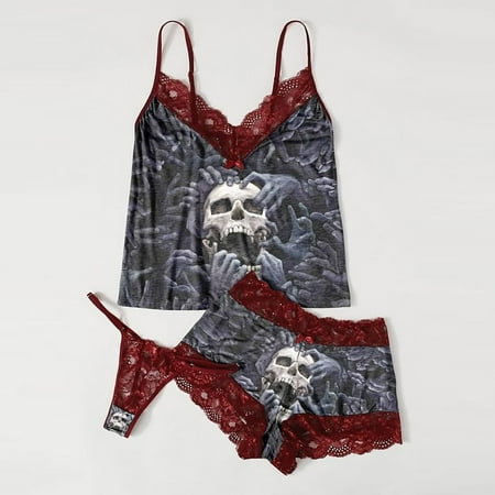 

Fatuov Womens Lingerie Sets Women Exquisite Lace Lingerie Bra+Short+Briefs Set Skull Print Sleepwear On Sale