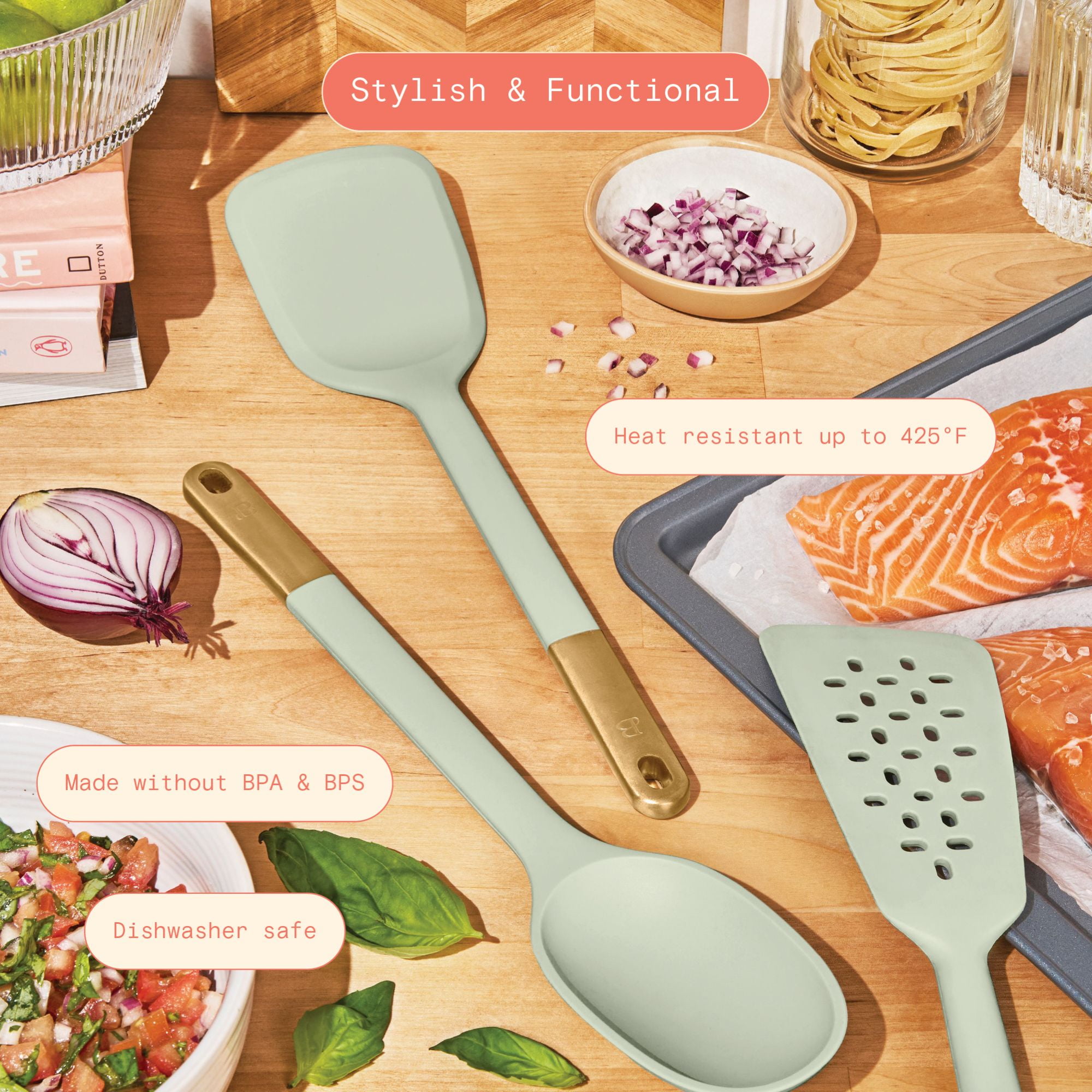 Beautiful 3-Piece Silicone Kitchen Utensil Tool Set, Sage Green by Drew Barrymore