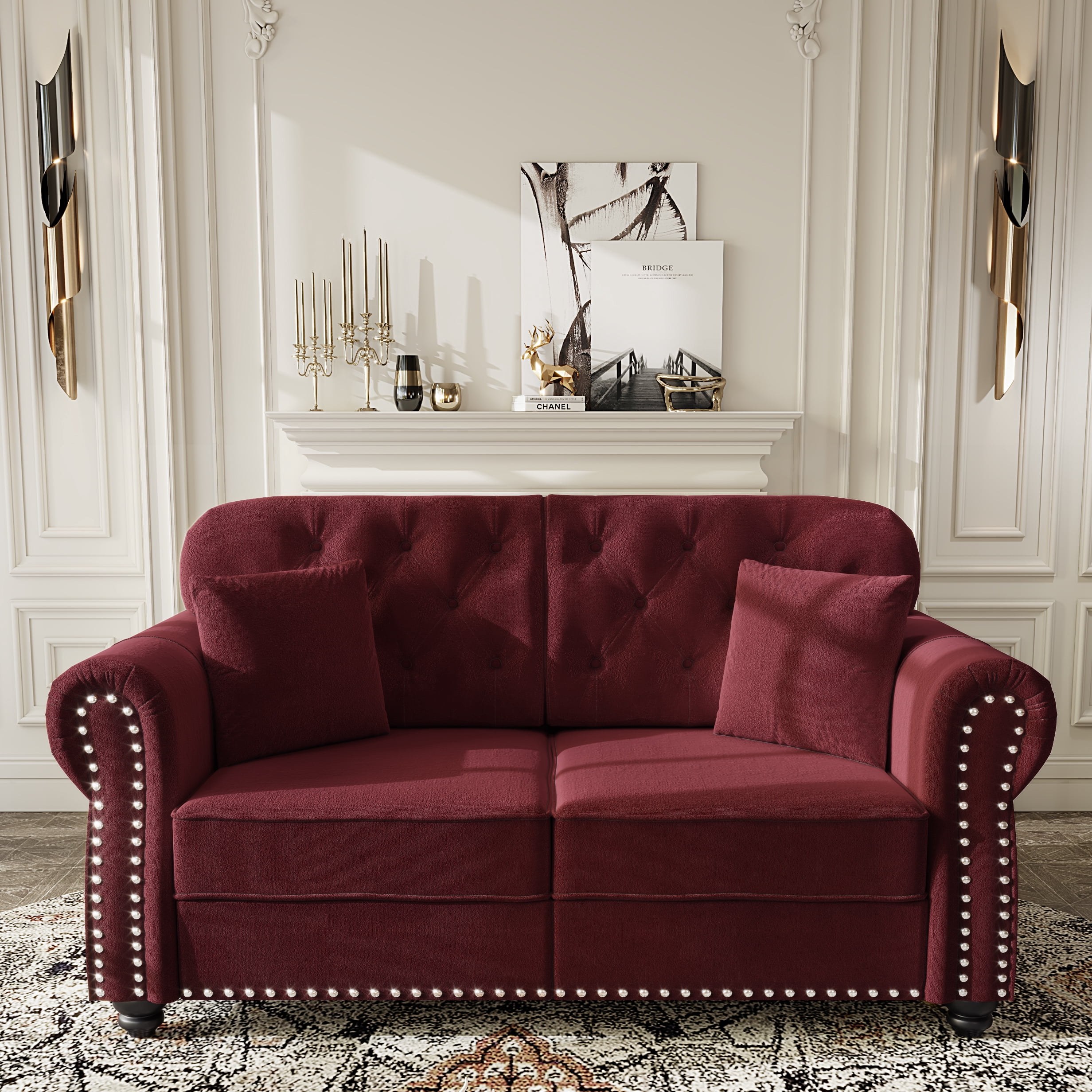 MOONMISS 63" Velvet Chesterfield 2-Seat Sofa with Rolled Arms & Nailhead Trim,Modern Upholstered Button Tufted Couch with High Resilience Cushion & 2 Pillow,Burgundy