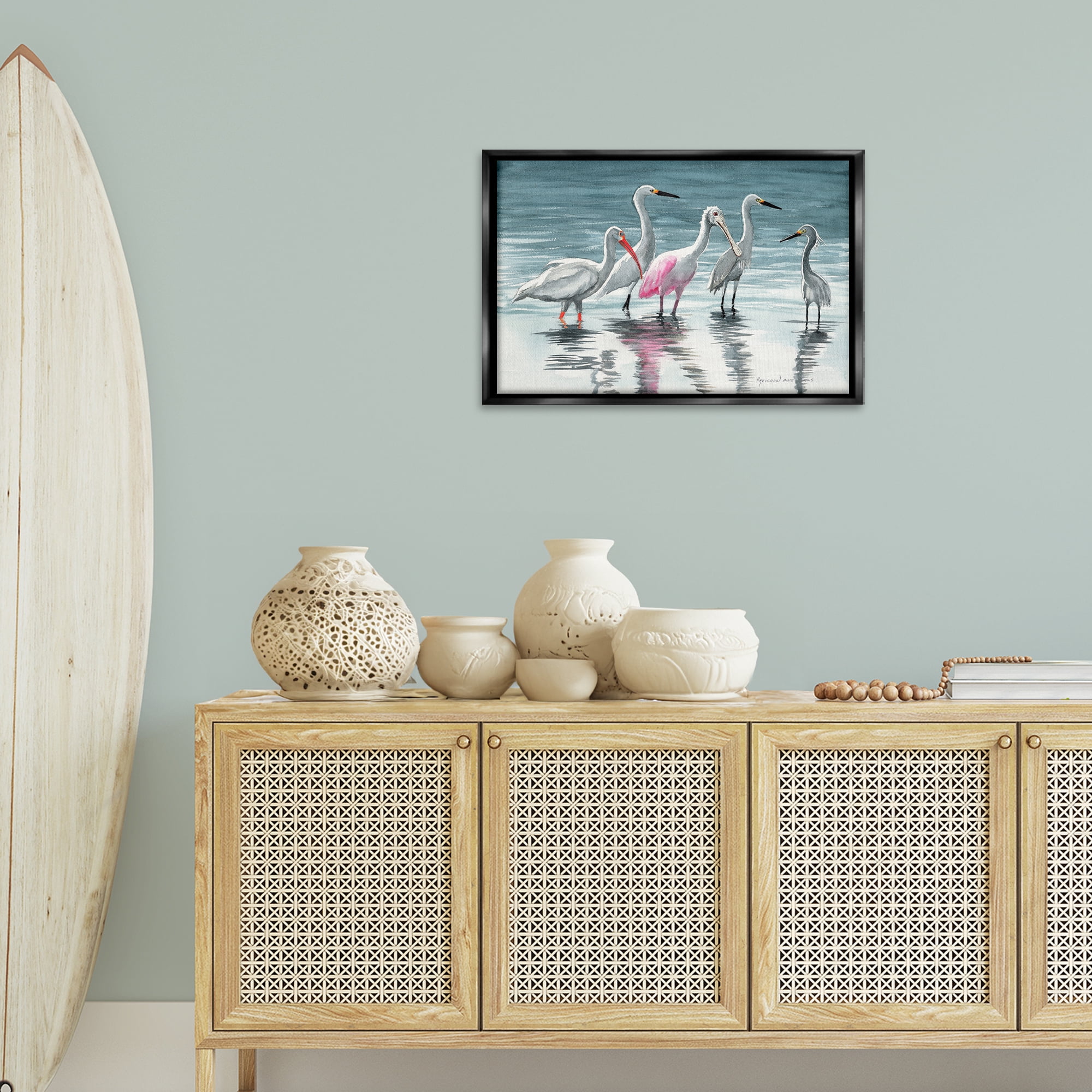 Stupell Industries Herons Stepping in Shore Animals & Insects Painting Black Floater Framed Canvas Art Print Wall Art, 25 x 17