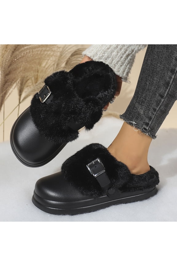 Black Womens Faux Faux Fur Lined Mule Slippers - Warm Cozy Slip-On with Metal Buckle, Lightweight EVA Sole Platform Slippers for Indoor & Outdoor Wear,Size 40