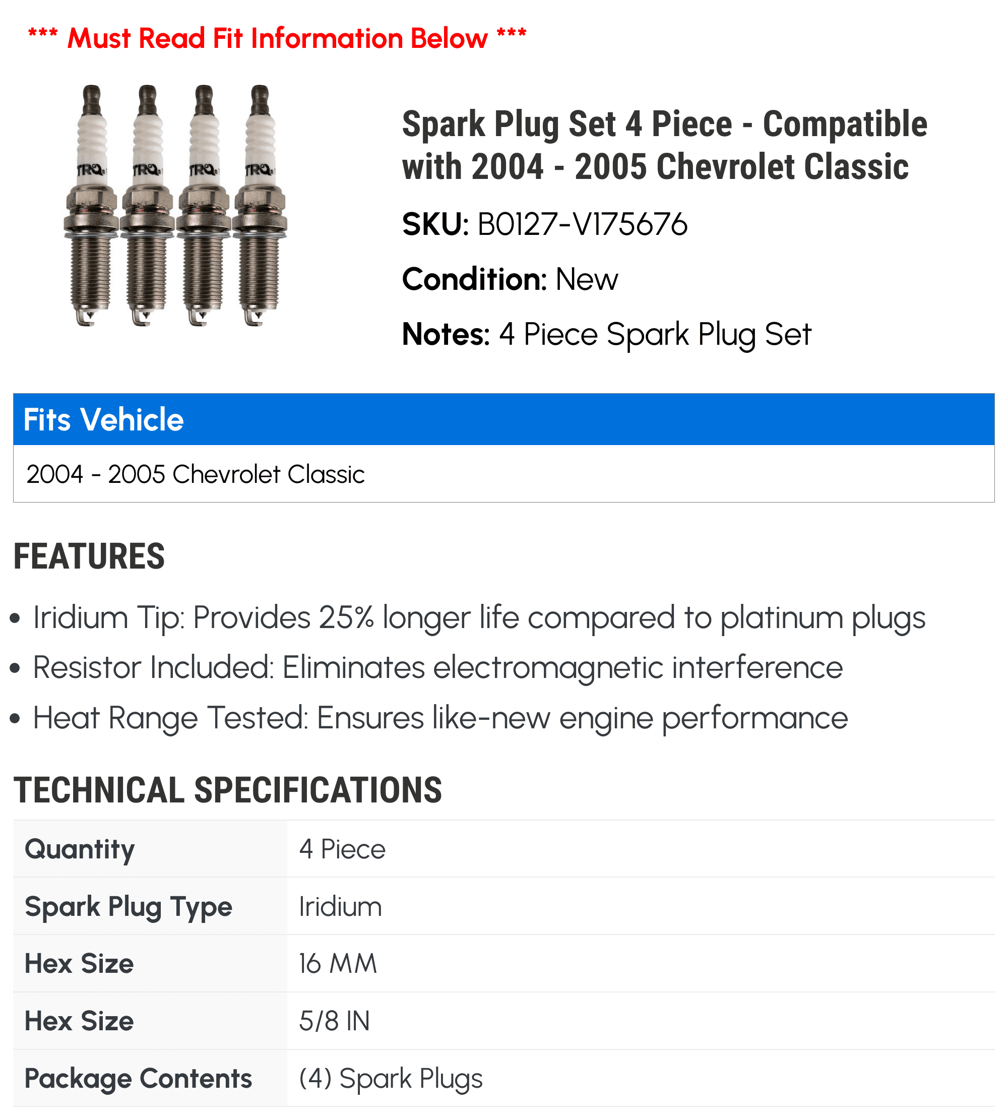 Spark Plug Set 4 Piece - Compatible with 2004 - 2005 Chevy Classic
