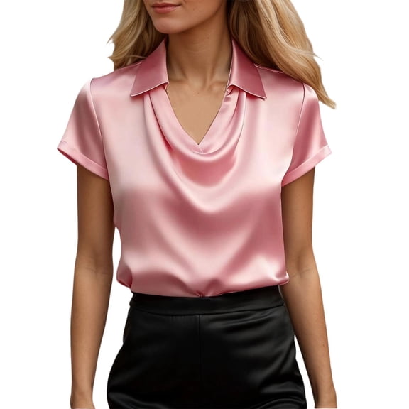 Ramiter Satin Top Women's Short Sleeve Satin Blouses Casual Loose V-neck Silk Shirts Roll Up Sleeve Tunic Tops Red,3XL