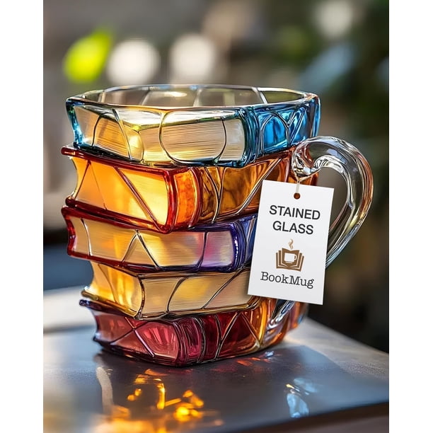 Taza de vidrio con diseño de libro 3D FREEZE2TRIM, 7 oz, vitral teñido