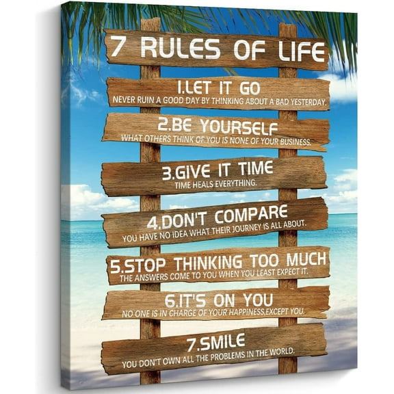 Inspirational Wall Art - 7 Rules of Life Motivational Canvas Wall Decor Beach Positive Quotes Living Room Rustic Framed Art Gift for Bedroom Bathroom (12 x 15 inch, Brown - 7 Rules)