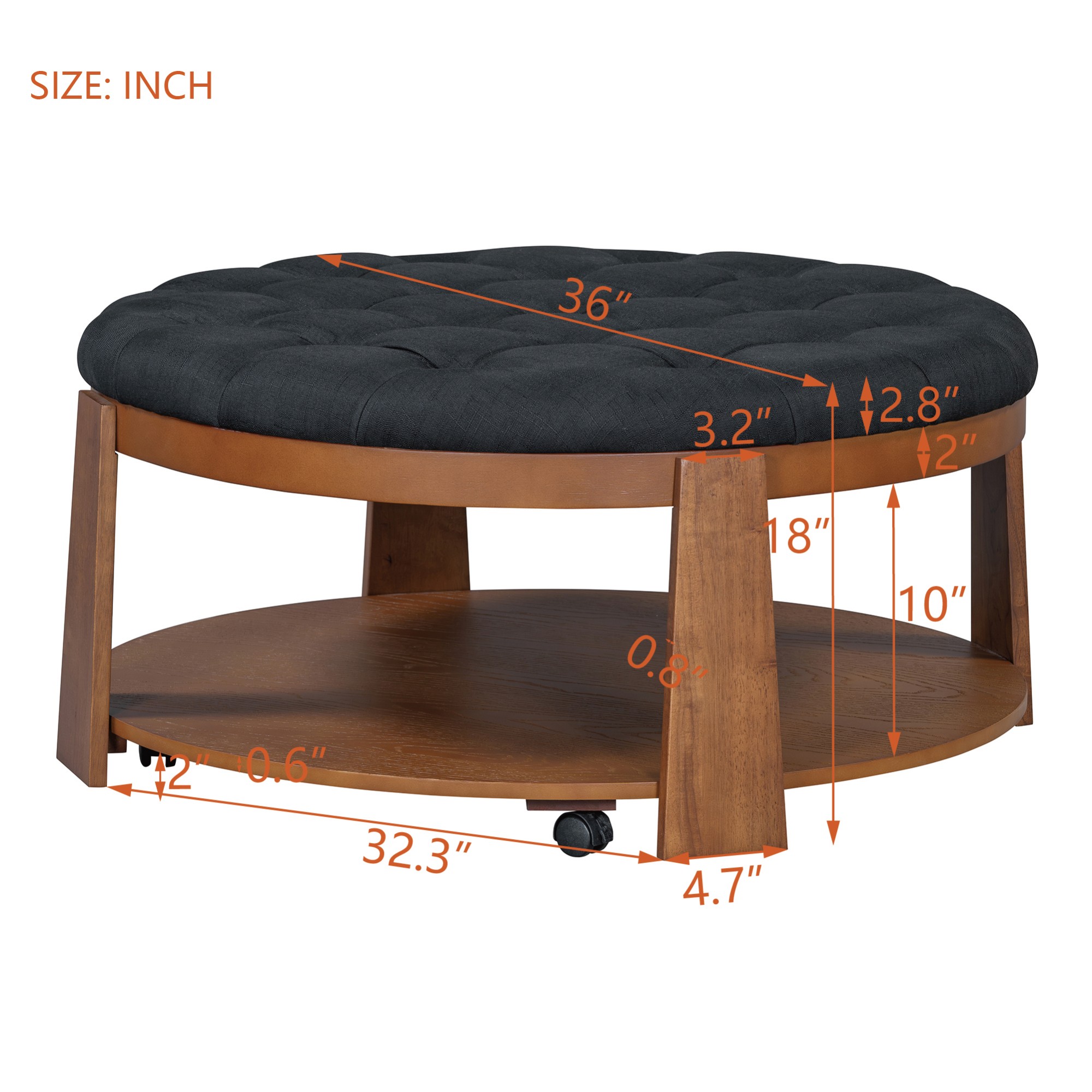 Leumius Coffee Table,2-Tier Round Oversized Button Tufted Ottoman with Wood Shelf Storage for Living Room,Black+Brown