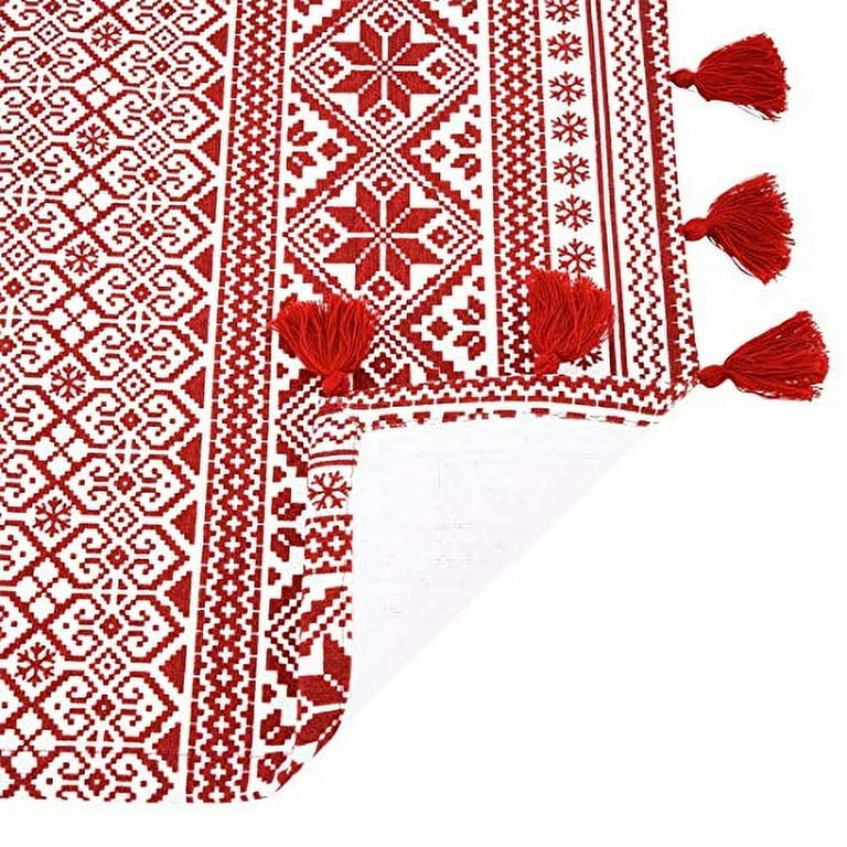 Fennco Styles Nordic Christmas Table Runner - 16x90 Inch Red Cotton Holiday Decor With Tassels