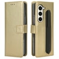 thumbnail image 2 of ELEHOLD Leather Wallet Case for Samsung Galaxy Z Fold 5 Folio Case with Card Slot Holder Pen Slot Wrist Strap Shockproof Scratch-Resistant Case with Stylus Pen for Galaxy Z Fold 5 2023,Gold, 2 of 9