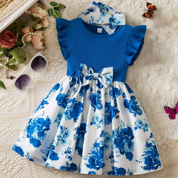 WOYY Girls Flowers Print Bow Ruffle Sleeveless Dress with Headband Set