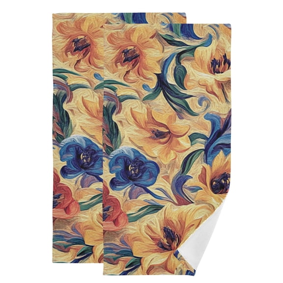Orange and Blue Flowers Hand Towel Absorbent Bath Towels for Bathroom Sports Gym(28.3" X 14.4") Set of 2