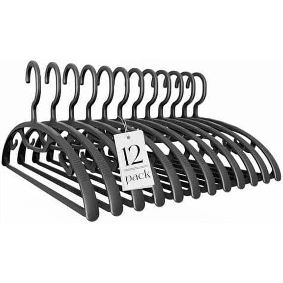 Plastic Clothes Hangers 12 Pack, Sweater Hangers No Shoulder Bump, Thick Heavy Duty Coat Hanger for Closet, Black Wide Hanger with Non-Slip Hook for Sweaters, Suits, Dresses, Jackets, Pants