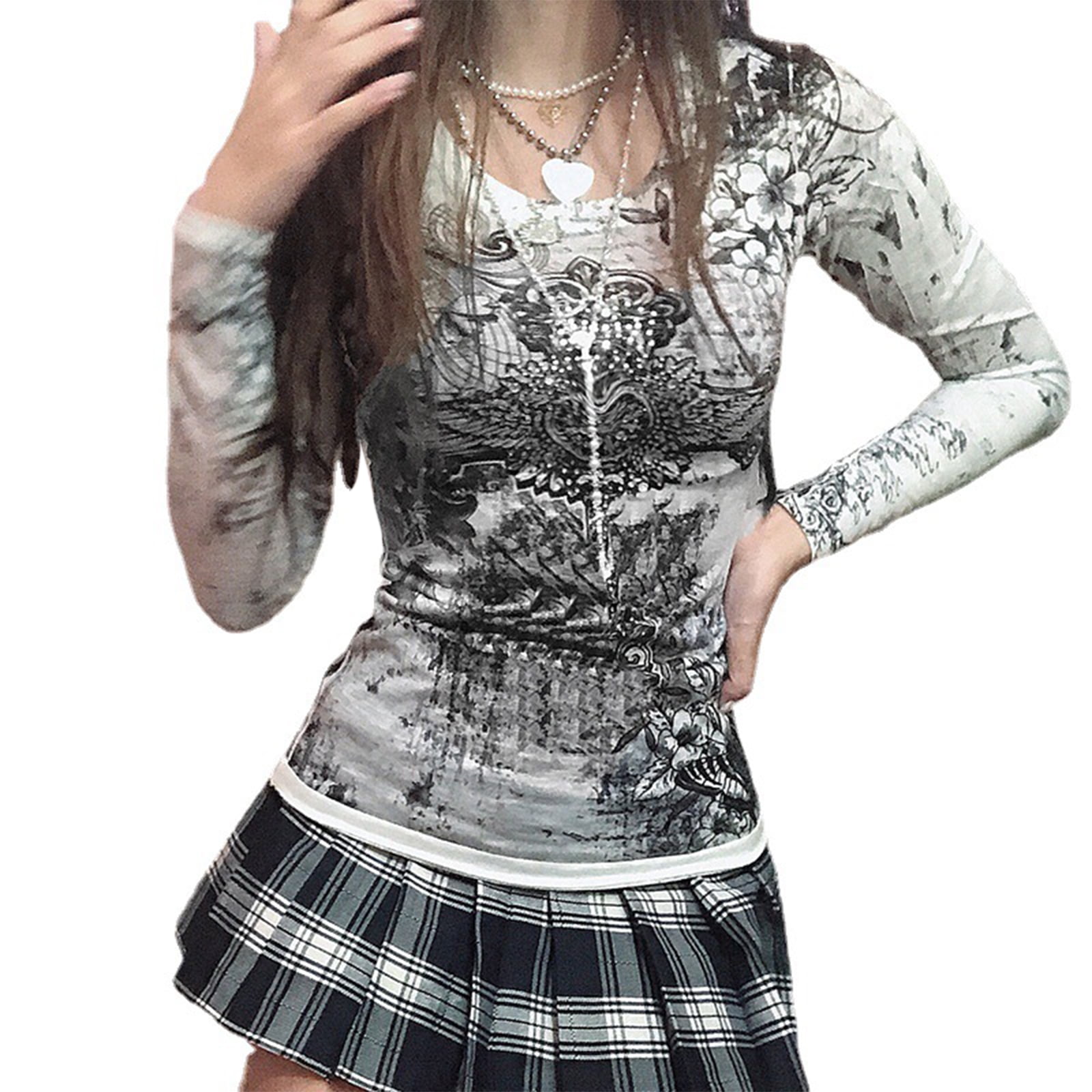 Women Y2k Rhinestone Long Sleeve top Tee Gothic Graphic