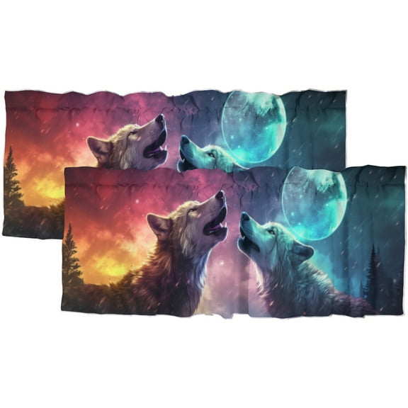 Wolf Rod Pocket Thermal Insulated Curtain Valance Magical Forest Night Starry Moon Star Thermal Insulated Room Darkening Curtain for Dinning Room 54 by 18 in, 2 Panel