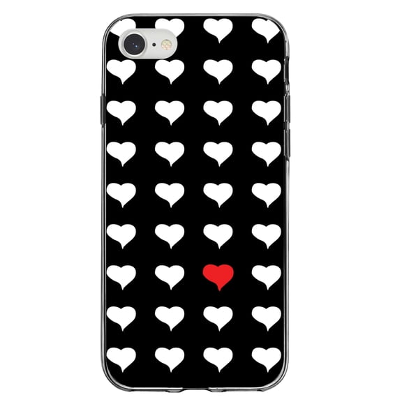 DistinctInk Clear Shockproof Hybrid Case for iPhone 7 8 SE (2020 Model) 4.7" Screen TPU Bumper Acrylic Back Tempered Glass Screen Protector - Red White Black Repeating Hearts