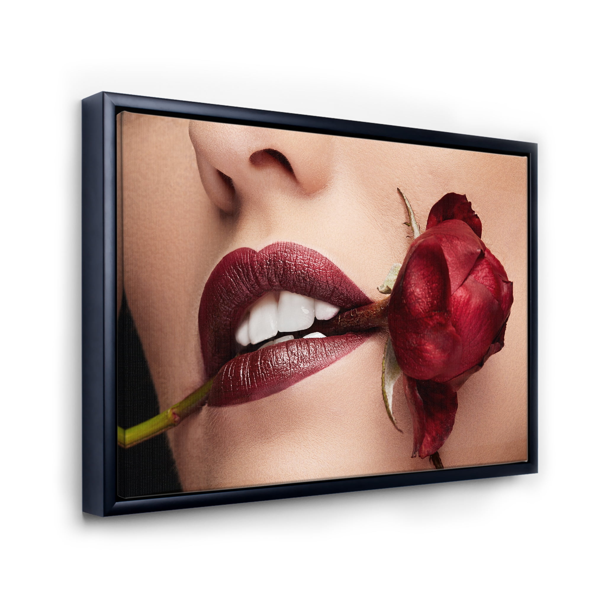 Designart 'Girl With Red Lipstick Holding A Rose In Mouth' Modern Framed Canvas Wall Art Print