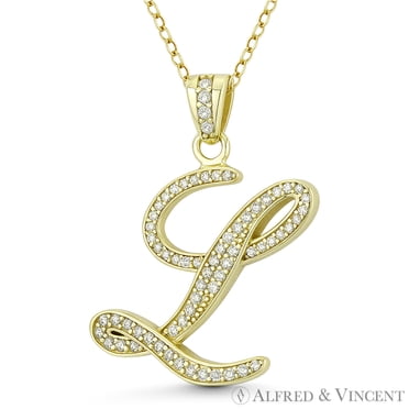 Alfred & Vincent Initial Letter D Cursive Script CZ Crystal Pendant - 925 Sterling Silver Rhodium Plated (16-24" Cable Chain)