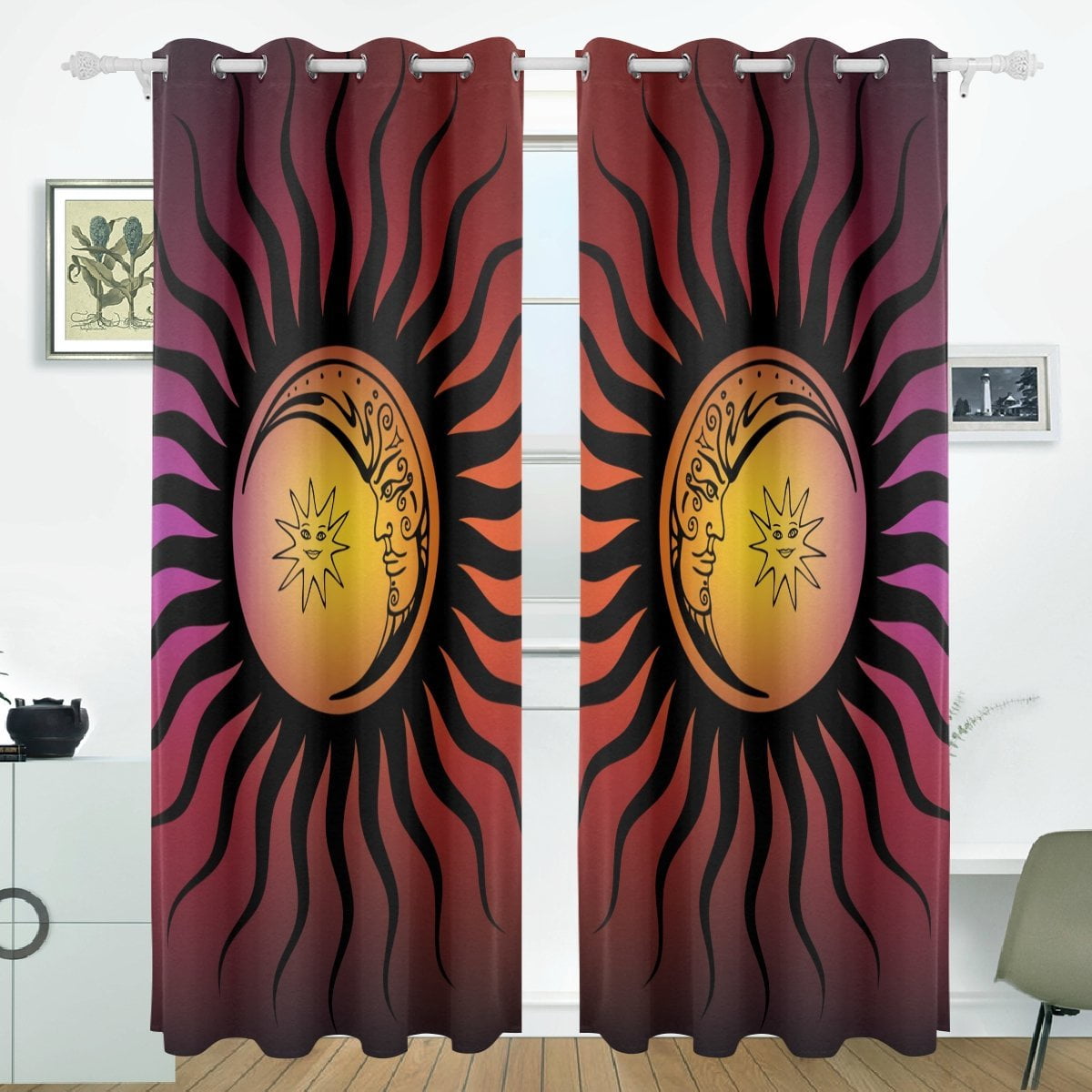 POPCreation Vintage Sun And Moon Window Curtain Blackout Curtains Darkening Thermal Blind