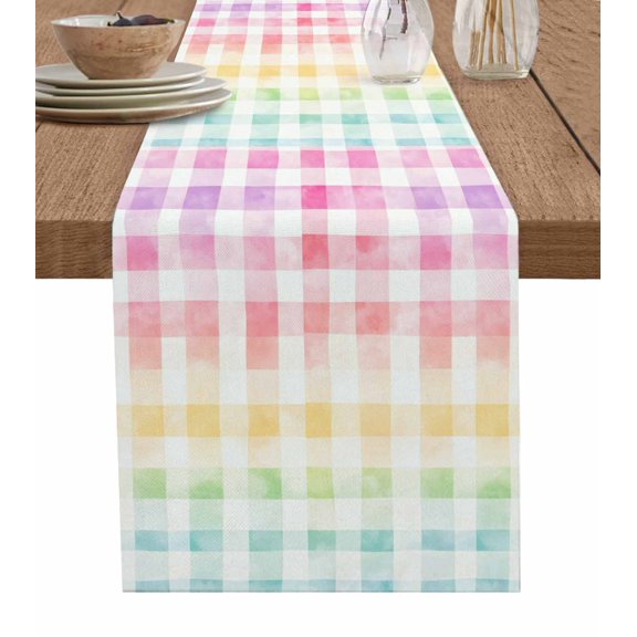 Ldtrchee Check Watercolor Table Runner 70 Inches, Pastoral Gradient Spring Purple Pink Bed Runner Dresser Scarves Tabletop for Indoor Outdoor Parties/Ceremony/Banquet, 13" x 70"