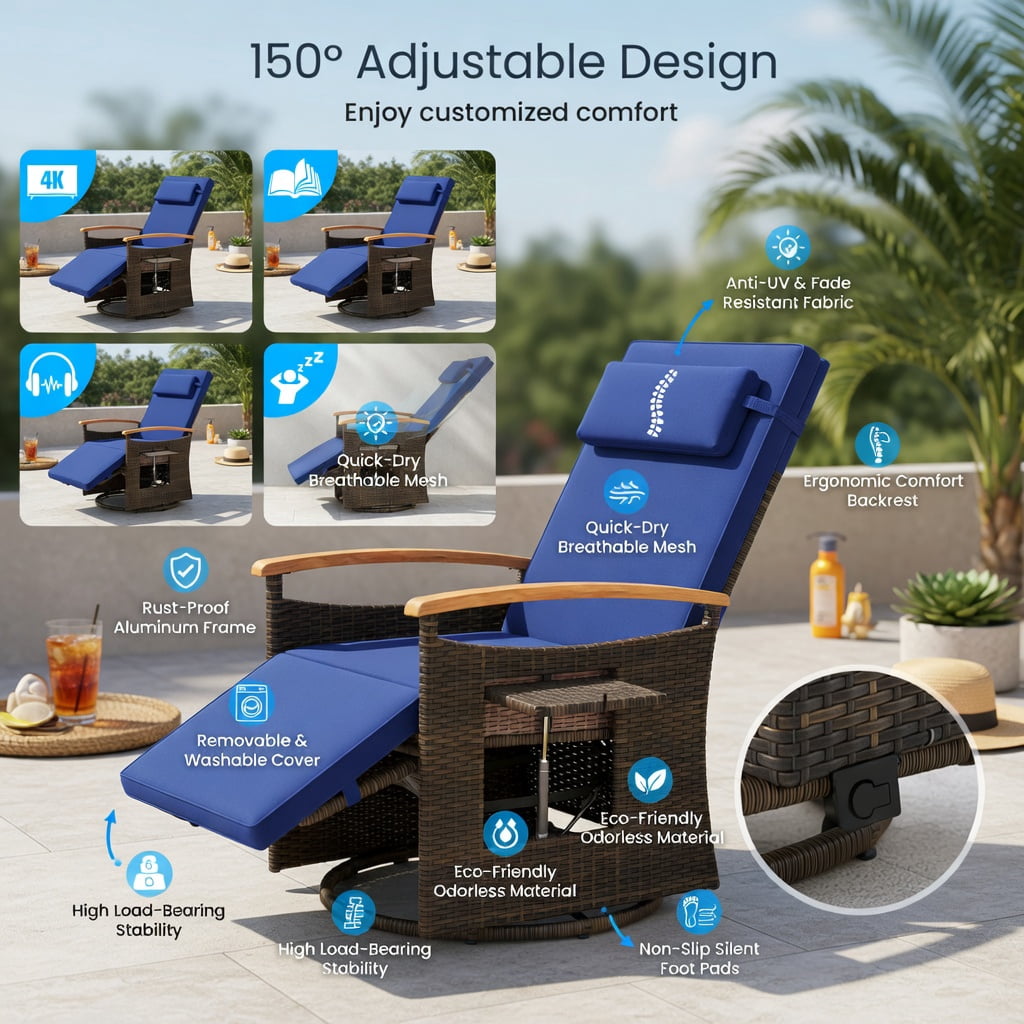 Hommoo 360° Swivel Rattan Recliner Chair with Adjustable Backrest & Footrest, Cushion, PE Wicker, Acacia Wood Frame, Outdoor Patio Lounge Chair, Navy