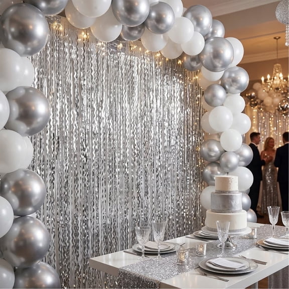 3 Pack Silver Wavy Foil Fringe Curtains - 3.2 x 6.6 ft Metallic Tinsel Streamers Backdrop for Birthday Party, Wedding, Disco, New Year Decorations & Photo Booth Props