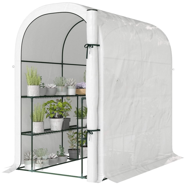 Serre Mini à Entrée Piétonne avec Étagères, Housse en PE Résistante aux UV et Cadre en Acier Résistant à la Rouille, Serre de Jardin Extérieure Portable avec Porte Enroulable, 123 x 187 x 189 cm, Blanc