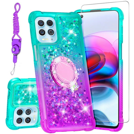 SOGA Quicksand Cover Cute Girl Phone Case Compatible for Motorola Edge S Case, with Ring for Magnetic Car Mounts, Lanyard, Tempered Glass - Purple / Teal