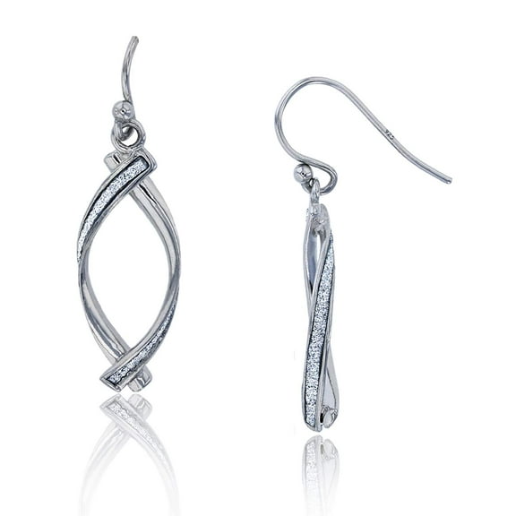 DECADENCE Sterling Silver Rhodium Polished Dangling Glitter Infinity Twist Earrings for Women | Swirl Fish Hook Drop Wire Earrings | Secure Bar Closure | 14k Classic Earrings