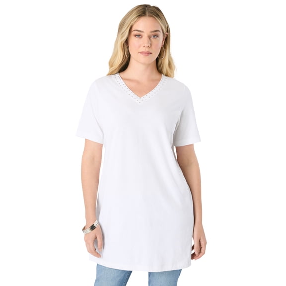Roaman's Women's Plus Size Ultimate Rhinestone V Neck Tunic