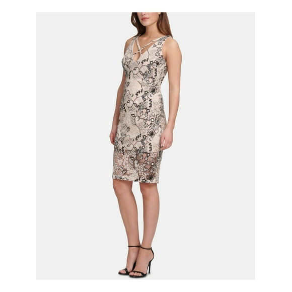 MARCIANO Womens Beige Sequined Printed Sleeveless V Neck Knee Length Cocktail Sheath Dress 4