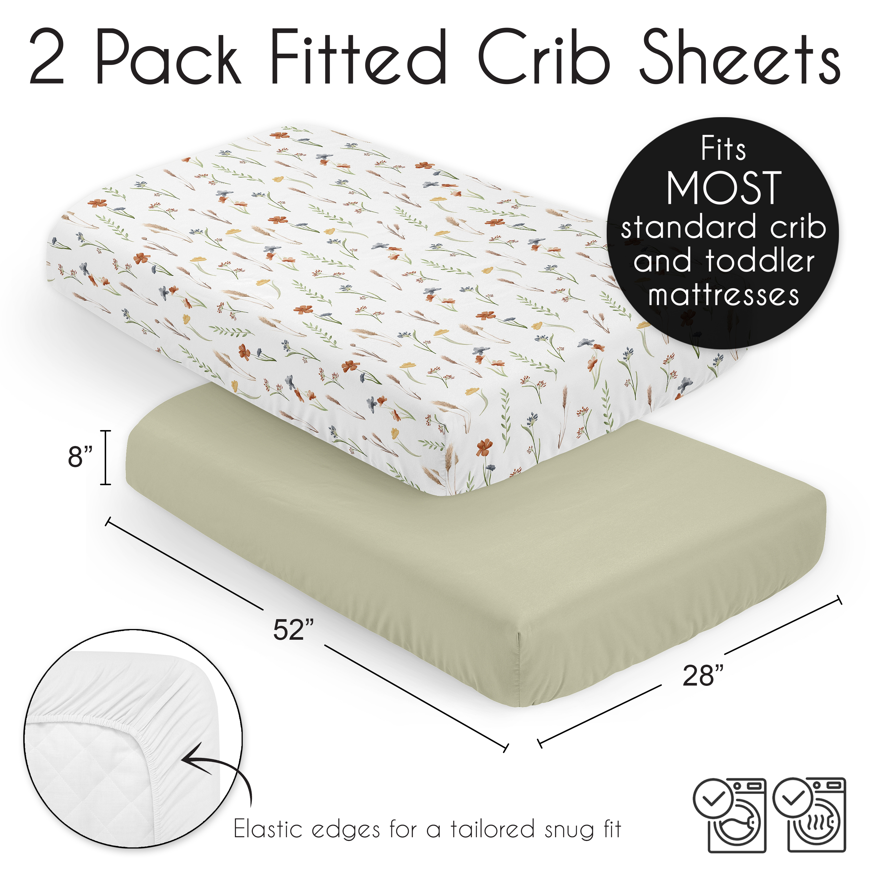 Sweet Jojo Designs Watercolor Floral Garden Green Orange and Beige Fitted Crib Sheets 2 Piece Set