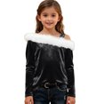 thumbnail image 2 of UQJfacai Girls Off The Shoulder Velvet Tops Kids Faux Fur Trim Long Sleeve Shirts Fall Winter Party Holiday Blouse Tee 4-14 Years, 2 of 7