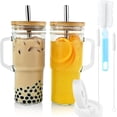 thumbnail image 1 of Vasos de vidrio con tapas de bambú y pajitas, vaso de 24 oz con asa, paquete de 4 tarros de cristal con tapa y pajita, vasos reutilizables de boca ancha, vaso Boba Cup para batidos, taza de café, 1 of 6
