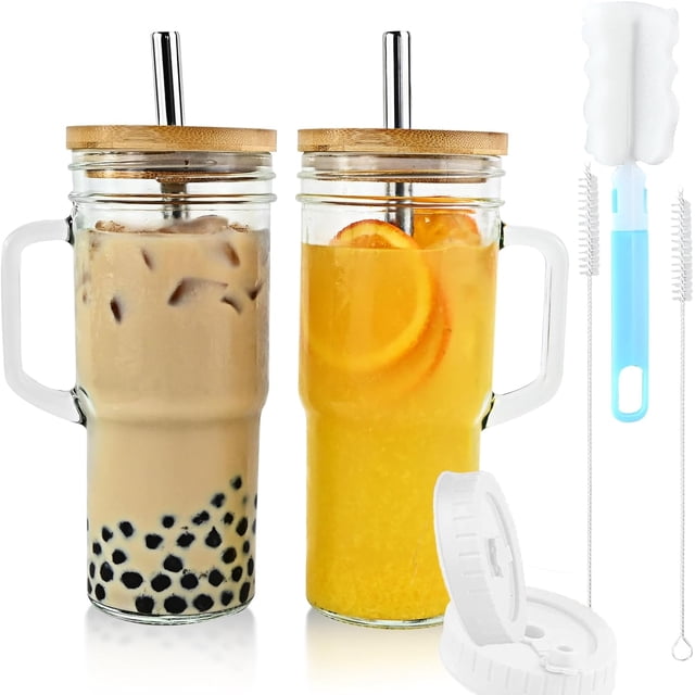 Vasos de vidrio con tapas de bambú y pajitas, vaso de 24 oz con asa, paquete de 4 tarros de cristal con tapa y pajita, vasos reutilizables de boca ancha, vaso Boba Cup para batidos, taza de café