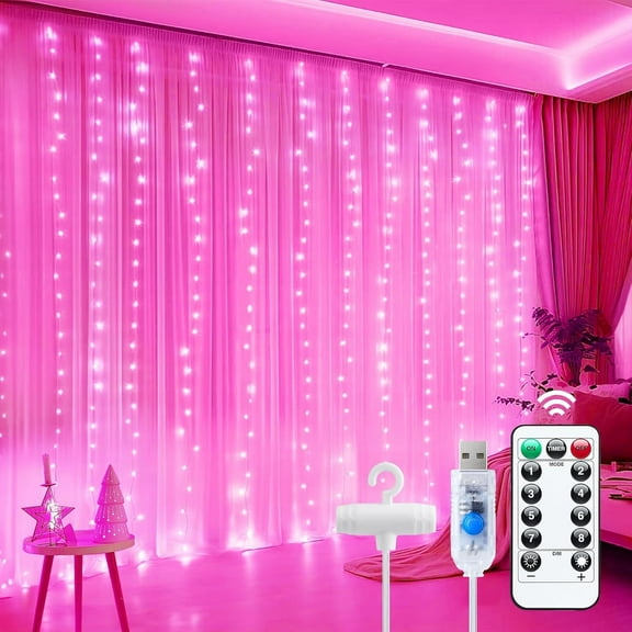 300 LED Fairy Curtain	Pink Lights, 11.8ft x 11.8ft Curtain String Lights, USB Plug in 8 Lighting Modes LED Christmas String Hanging Lights with Remote for Bedroom Indoor Outdoor Weddings Party Xmas