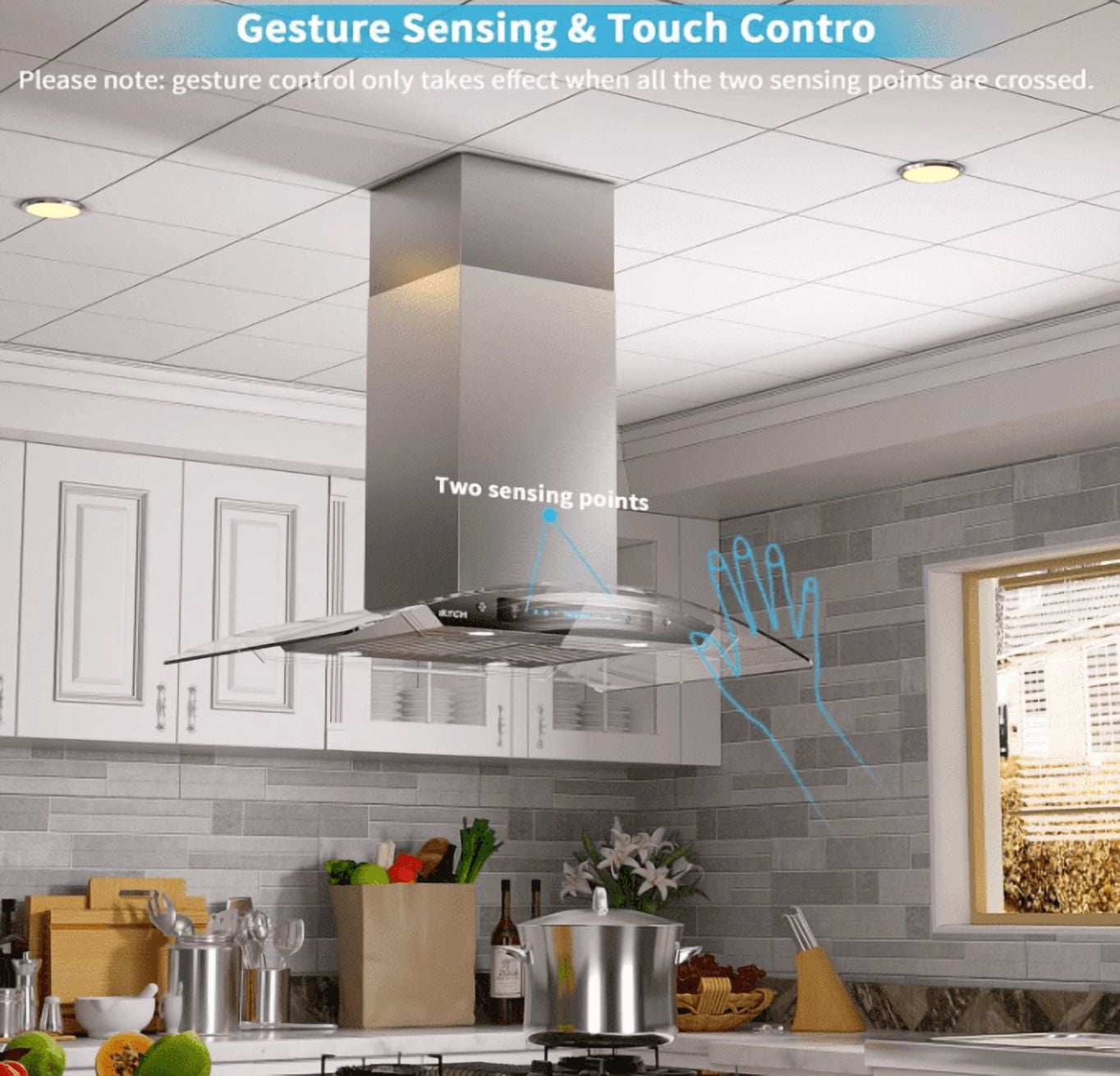 IKTCH 36 inch Island Mount Range Hood Stainless Steel & Curved Tempered Glass