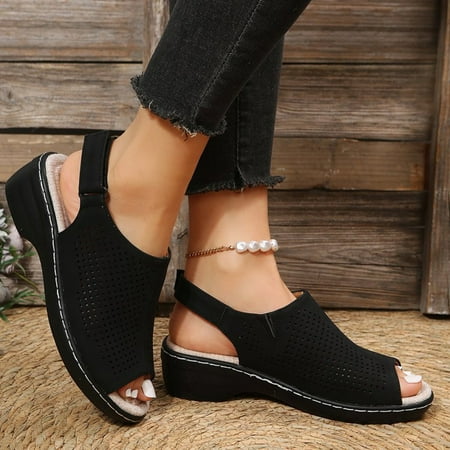 

Cathalem Wide Wedge Sandals for Women Ladies Fashion Solid Color Hollow Leather Open Toe Womens Sandals Platform Wedges Heels Black 7.5