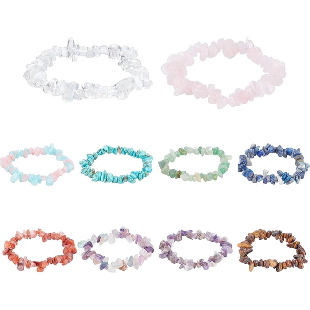 10 pulseras elásticas de cuentas de piedras preciosas naturales para mujer, con chips elásticos para alinear chakras, superar el miedo y la ansiedad, 4,5-5 cm