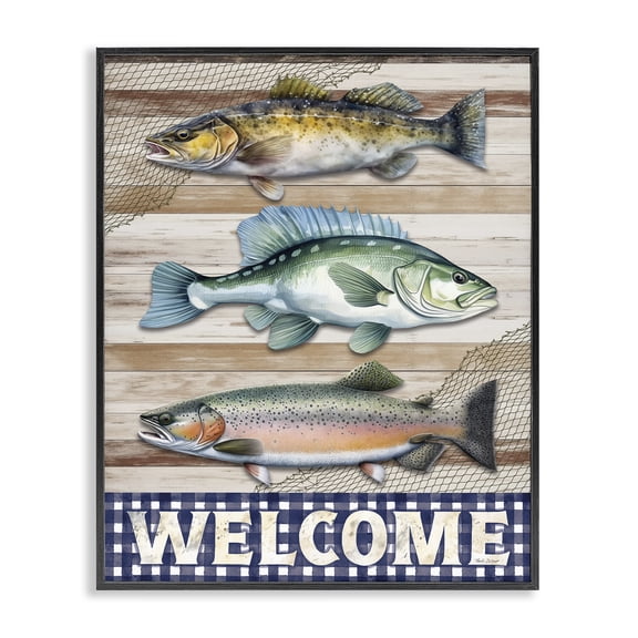 Stupell Industries Welcome with Rustic Fish Animals Painting Black Framed Art Print Wall Art, 11 x 14