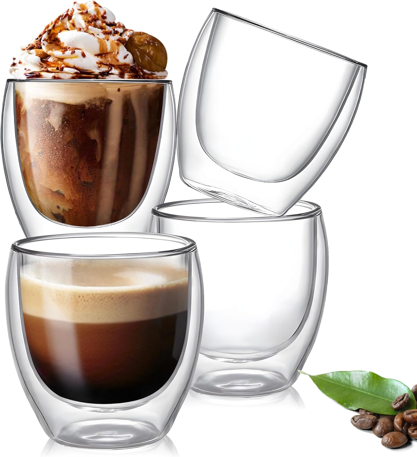Set of 4 Double Walled Glass Coffee Mugs 8 Ounces Insulated Layer Cups Borosilicate Espresso Cup for Hot Beverage,Cappuccino,Tea,Latte,Wine,Microwave Safe