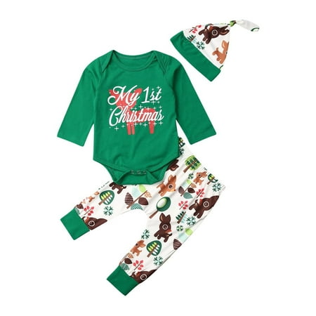 

Infant Baby Boy Girl Cartoon Christmas Long Sleeve Romper + Pants + Hat Outfits Clothes Sets